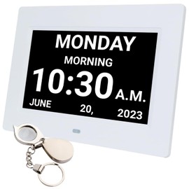 Digital Low Vision Clock for Elderly & Visually Impaired - Large Display with Date, Day, Year, Alarms, Medication Reminders, Multimedia Playback, Easy-to-Read Screen, Bonus Magnifying Key Ring