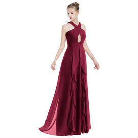 Women's Halter Neck Criss Cross Dress Hollow Cut Out Ruffle Hem Sleeveless Bridesmaid Evening Party Maxi Dress Empire Waist Keyhole Backless Flowy Chiffon Long Wedding Formal Prom Dress Burgundy L