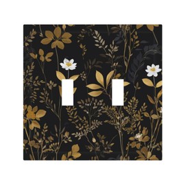 Wmhusu Decorative Outlet Covers Golden/Black Leaf Floral Boho Flowers 2 Gang Wall Plate Double Toggle Light Switch Cover GFCI Receptacle Electrical Switchplate for Bathroom Bedroom Decor（2Pack）