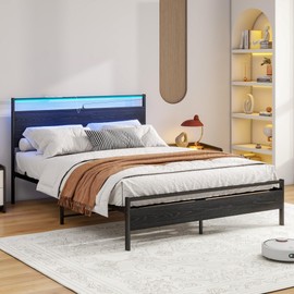 HOJINLINERO Queen Bed Frame with Headboard, Metal Platform Bed with Charging Station & LED Lights, Heavy Duty Queen Size, No Box Spring Needed, Strong Metal Slats, Noise Free, Black