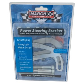 March Performance Small Block Chevy Power Steering Bracket Saginaw V-belt Serpentine Steel Chrome
