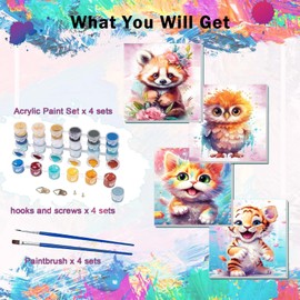 bleihum 4 Pack Paint by Numbers Kit for Kids Ages 4-8-12, Animal Paint by Number for Kids, DIY Acrylic Oil Painting Kit for Home Wall Decor(8X8inch)