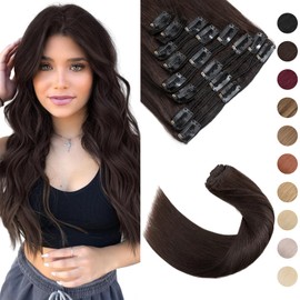 Remy Clip in Hair Extensions Human Remy Hair #02 Dark Brown Double Weft Full Head 18"- 140g Straight 8 Pcs