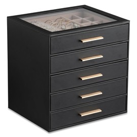 Frebeauty Clear Lid Jewelry Box,5-Layer Jewelry Organizer with Drawer,PU Leather Jewelry Organizers and Storage,Jewelry Boxes for Women,Jewelry Storage for Rings Earring Stud,Gift for Women(Black)