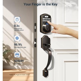 Veise Fingerprint Door Lock Set, Keyless Entry Door Lock, Front Handle Set, Electronic Keypad Deadbolt with Lever Handle, 2 Keys, Auto-Locking, One-time Codes, Easy to Install, Oil Rubbed Bronze