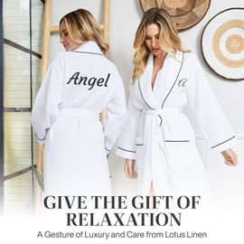 Lotus Linen Long Waffle Cotton Robes for Women – Monogram, Lightweight, Soft Kimono Spa Bathrobe with Pockets