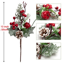 ROMODEN Artificial Christmas Picks, 12 PCS 12" Pine Branches Red Berry Twig Stems Pinecones Holly Snow Flocked Spray Flowers for Christmas Tree Wreath Floral Arrangement Winter Holiday Season Décor