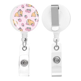 Badge Reels Retractable,Id Badge Holders Retractable,Badge Clips Retractable ID Card Holder for Teacher, Student, Office Worker(Pink Guinea Pig and Strawberry)