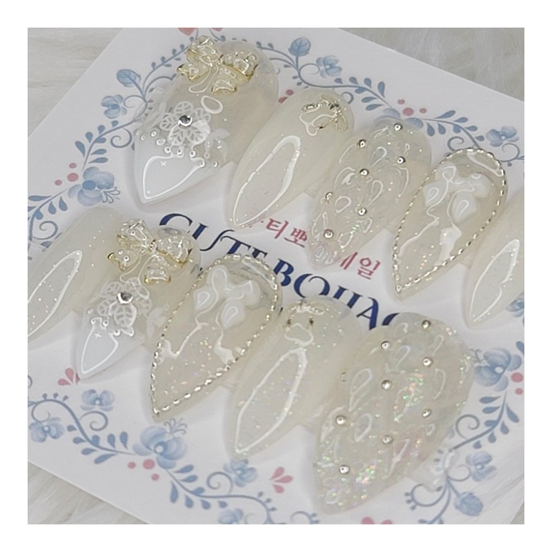 Wedding emboss handmade nail tips - Almond S / 웨딩