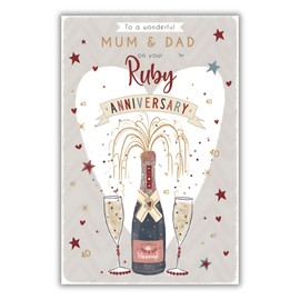 Mum & Dad Ruby Anniversary Card - 40th - 40 Years - Champagne Pop and Love Heart Design - Special Finishes and Illustrated Insert Leaf - Made in the UK