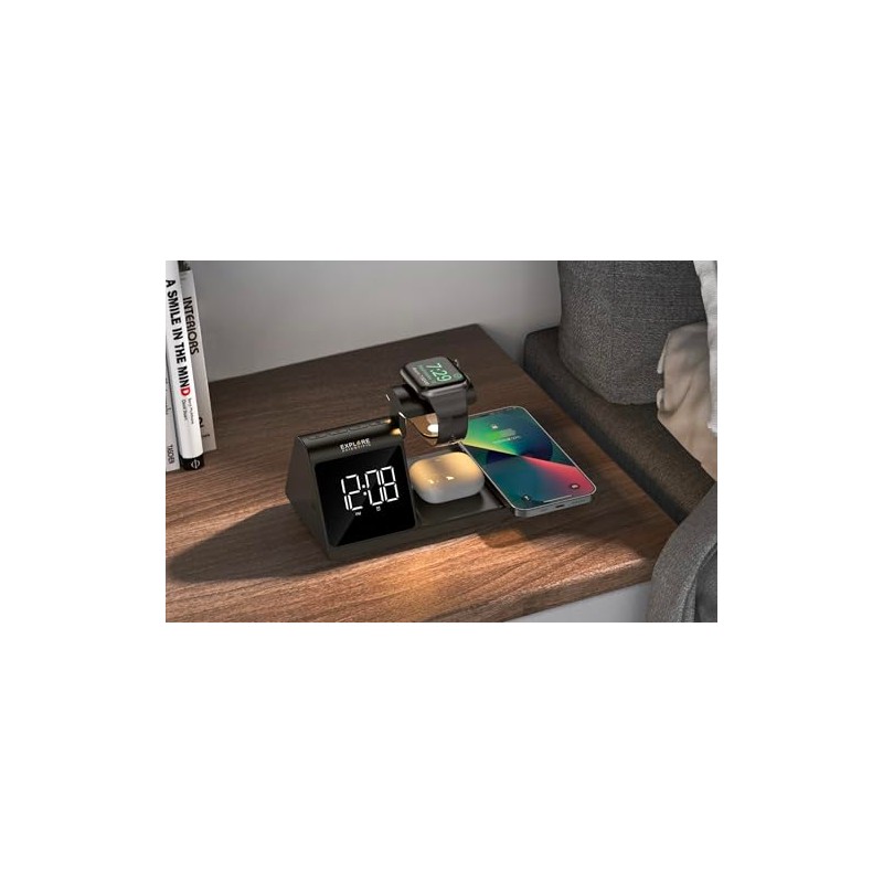 Explore Scientific BCC2001 Desk or Bedside Clock, Wireless Multicharge, Alarm