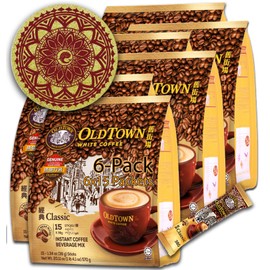 6-Pack (Classic) OLDTOWN White Coffee 3 in 1 Asian Instant Coffee Package with a Cork Coaster, old town White Coffee 90 Packets with a Random Flavor Sample Packet