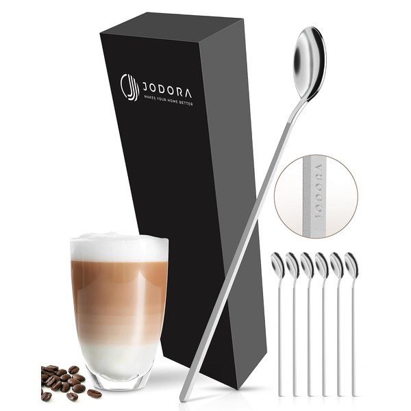 JODORA Design Latte Macchiato Spoon 19 cm - 6 Long Spoons Matte Silver - High-Quality Coffee Spoon Long Made of Rustproof Stainless Steel - Sturdy Ice Cream Spoon Dishwasher Safe