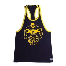 Fitted Black With Yellow Trim Bodybuilder Tank Top With Muscle Man Design In Yellow