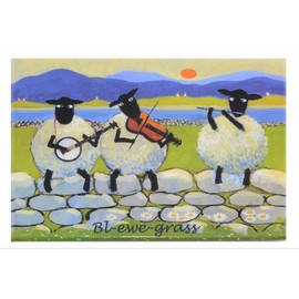 Irish Painted Magnet With Sheep Playing Musical Instruments & 'Bl-Ewe-grass' Text