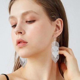 QIAOLEHUI Lightweight Bohemian Boho Filigree Leaf Chandelier Dangle Earrings for Women Handcrafted Gold Plated Earring (Silver)