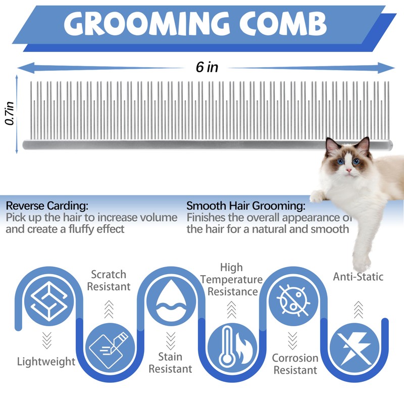 Professional 6 In Dual Tooth Pet Grooming Comb for Short-Haired
