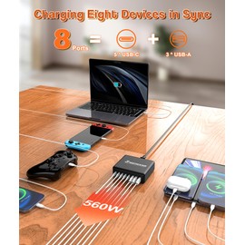 560W USB C Charger, GaN 8-Port Fast USB C Charging Station for Home Office, Multi Port PD 3.0 Desktop Charger Block for Laptops, Phones & Tablets