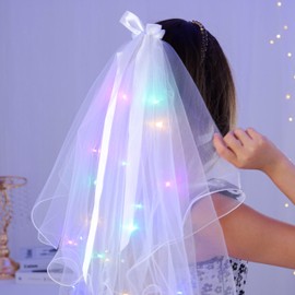 Foyte Light Up Wedding Bridal Veil 2 Tiers Bride Pearl Veils LED Bachelorette Bridal Hair Bow Short Tulle Hair Accessories(White)