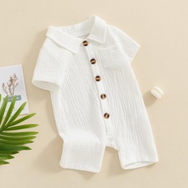 Honganda Summer Baby Boy Cotton Linen Jumpsuit Short Sleeve Button Down Playsuit Romper One Piece Outfit 0-24M (White, 0-3 Months)