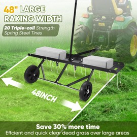 48" Tow Behind Dethatcher, Pull Behind Dethatcher with 20 Spring Steel Tines, Lawn Sweeper Garden Scarifier Grass Tractor Rake, Riding Lawn Mower Tractor Attachment for Outdoor Yard Tools Lawn Care
