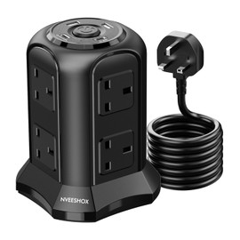 NVEESHOX Tower Extension Lead with USB Slots 2M (13A 3250W), 20W USB C Fast Charge, Surge Protected Extension Lead with 8 Way Outlets and 4 USB Ports, Multi Plug Extension Socket for Office, Home