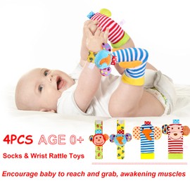Ballery Baby Rattles Toy Socks and Wrist, Pack of 4 Foot and Wrist Rattle Development Toy Soft Animal Rattles for Newborn Girls and Boys 0-6 Months