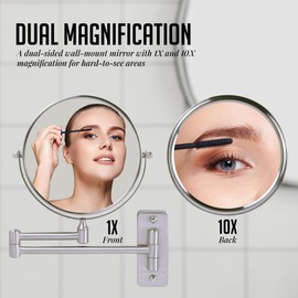OVENTE 7" Wall Mounted Makeup Mirror with 1X/10X Magnification, Double Sided Magnifying Round Bathroom Vanity Mirror, 360° Swivel Design, Extendable and Folding Arm, Nickel Brushed MNLFW70BR1X10X