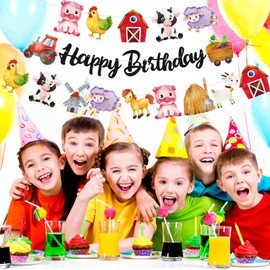 Farm Party Banners 3Pcs Happy Birthday Banners Cutout Garland Banners for Boy Girls Theme Baby Shower Birthday Party Supplies