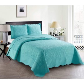 Home Collection 3 Piece King/California King Over Size Embossed Solid Aqua Blue Color Coverlet Bedspread New # Veronica