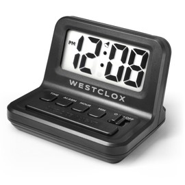 Westclox LCD Digital Bedside Alarm Clock with White Backlit Display and Snooze Function, Battery Operated, (Black, 3-Inch)