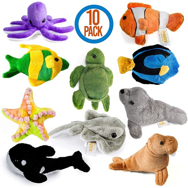 Prextex 10 Piece Plush Soft Stuffed Sea Animals Playset Plush Sea Life Assortment, Turtle, Stingray, Nemo Fish, Killer Whale and More