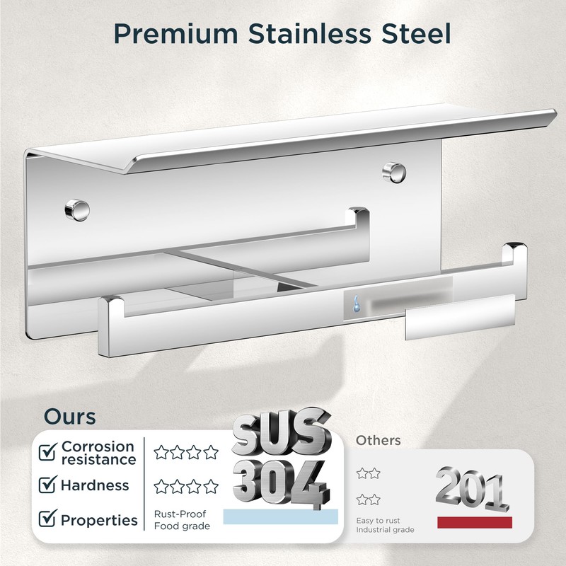 FORIOUS Toilet Paper Holder with Shelf, 304 Stainless Steel Wall