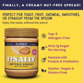 Classic Finally Nut Free Spread - Peanut Butter Alternative Without Nuts - Vegan, Top-9 Allergen-Free, Gluten-free, Dairy-Free, Soy-Free, Kosher - Made with USA-Grown Chickpeas - 11oz Jar