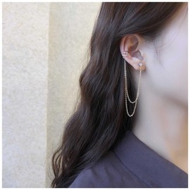 Yheakne Boho Cartilage Chain Earrings Gold Cuff Chain Earrings Long CZ Wrap Tassel Earrings Vintage Heart Cuff Earrings Helix Cartilage Clip On Earrings Jewellery for Women and Girls, Alloy Steel