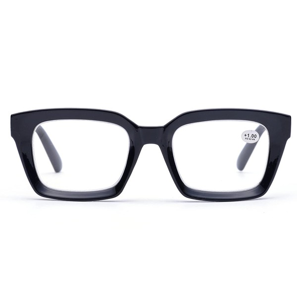 ZUVGEES-Gafas de lectura cuadradas de estilo retro Marcos de anteojos grandes Lente grande 50 mm (Negro, 1.00)