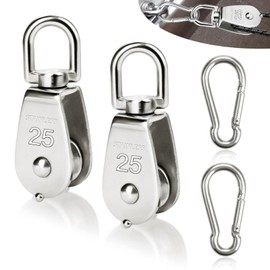 SWTYExt Set of 4 Pulley Set Includes 2 Pulley M25 & 2 Carabiner M6, Pulleys for Ropes, Stainless Steel Pulley, Load Capacity 150 kg, for Sun Sail, Fitness Winch