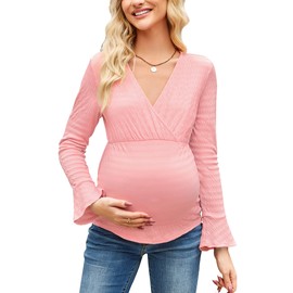 OUGES Women Casual Maternity Tops Shirts Wrap V Neck Lightweight Textured Pregnancy Clothes Long Sleeve Shirts for Women 2025(Pink,L)