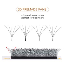 Lunamoon Volume Eyelashes, 5D W Eyelash Extension, Premade Fans Eyelash Extensions, Eyelash Extensions, Pre-Fanned Eyelashes, W Eyelashes (5D-0.07D/8-15 mm)