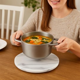 Creative Home 8 Inch Natural Marble Round Trivet | Hand-Polished Stone Cheese Board, Durable Heat-Resistant Coffee or Tea Pot Stand with 3 Non-Slip Pads | Elegant Kitchen & Tabletop Decor