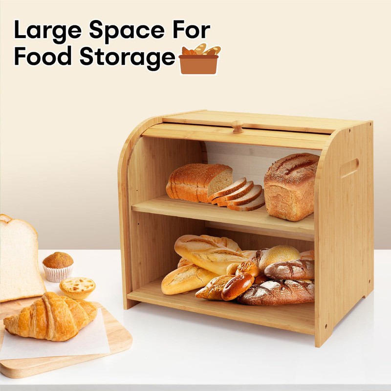 Thalomely Bread Box for Kitchen Countertop, Double Layer Bamboo Bread