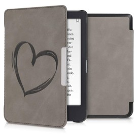 kwmobile Protective Case for Tolino Shine 3 Faux Leather eReader Case with Auto Sleep Function - Heart Brush with Grey