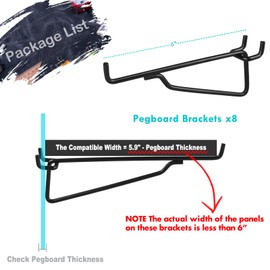 Pegboard Shelf Hooks, 8PACK 6" Black Metal Utility Hook Set, 1/4 inch Peg Board Organizer Accessories, Shelves and Baskets Brackets, Display and Storage Rack for Garage Workbench Art Craft Room Office