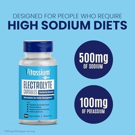Vitassium Cápsulas de Electrolito Suplemento de Sodio y Potasio Apoya Manteniendo los Niveles De Salud, Libre de Gluten Sin Preservativos, Sin Sabor  