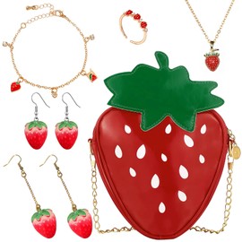 SVICCOOKQ Strawberry Purse For Girls Dollar Strawberry Necklace,Strawberry Earrings, Strawberry Ring, Strawberry Bracelet Cute Food Fruit Charm Jewelry,for Women Teen Girls Birthday Present(Red 6PC)