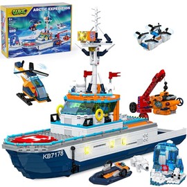 City Boat Building Set with LED Lights, Arctic Explorer Ship Toy Gift for 8 Year Old Boys and Girls, with Helicopter, Drone, Speedboat, Submersible, Iceberg, and Polar Bears