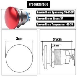 Powice 22 mm Emergency Stop Button Momentary Reset Switch Made of Stainless Steel, Push Button 3A/0-12V/24V/110V/220V, Suitable for Cars, Ignition Systems, Doorbells (with Screw Feet)