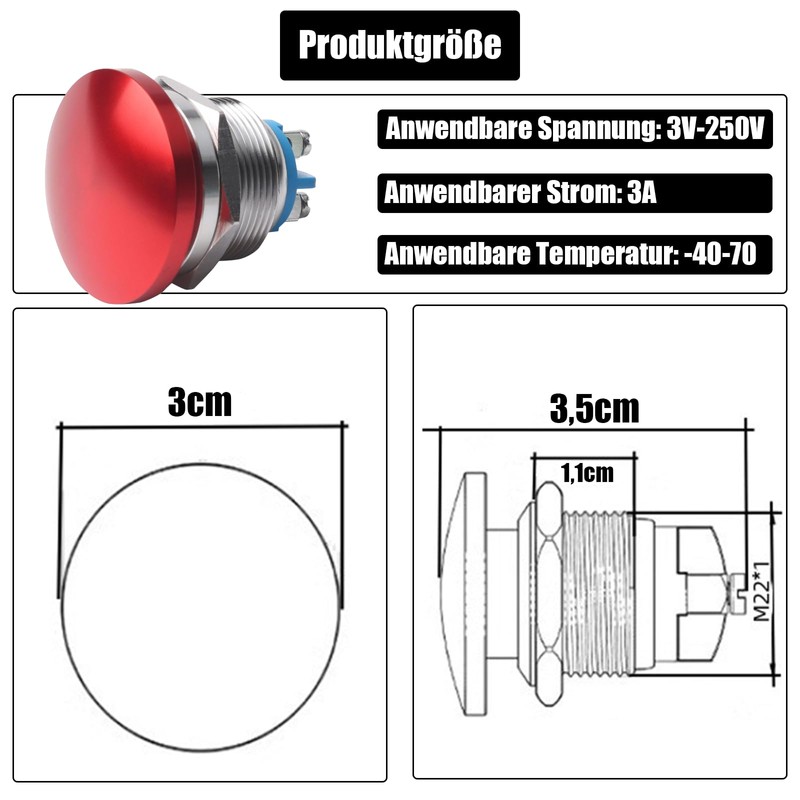 Powice 22 mm Emergency Stop Button Momentary Reset Switch Made