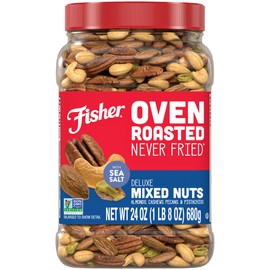 Fisher Oven Roasted Never Fried Deluxe Mixed Nuts, 24 Ounces (Pack of 1), Almonds, Cashews, Pecans, Pistachios, Healthy Snacks for Adults, Made With Sea Salt, No Added Oil, Trail Mix, Gluten Free​