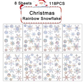 Hiwevvy 118 PCS Christmas Snowflake Static Window Clings - 8 Sheets Anti-Collision Glass Window Decals for Bird Strikes, Glitter Rainbow Christmas Clings for Glass Window